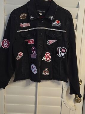 Black Denim Jacket with Red & White OU Patches